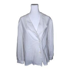 Vintage 80s Long Sleeve Button Up Blouse Womens Size 16 White Spread Collar